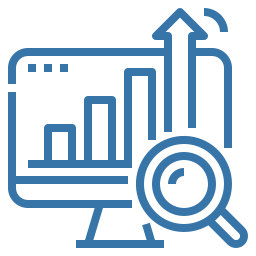Computer monitor displaying an upward-trending bar chart with a magnifying glass overlay and an arrow indicating data growth