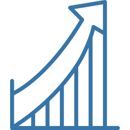 Blue stylised bar chart icon with five rising bars and a curved arrow pointing upward to the right