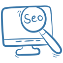 Computer monitor with a magnifying glass focusing on the text "SEO" to represent search optimisation