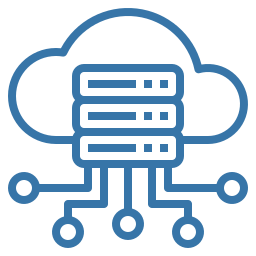 Cloud outline with stacked server racks and five circuit-like connectors symbolising cloud servers and network links.