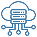 Blue cloud outline containing a three-bay server rack with three circuit lines extending below to network nodes.