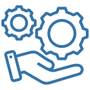 Open hand holding three blue outlined gears, symbolising support, maintenance or settings.
