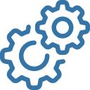 Two blue interlocking gear icons, larger one lower-left and smaller one upper-right.
