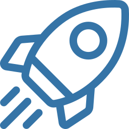 Blue outlined rocket icon pointing up-right with circular window, rear fins and three exhaust lines