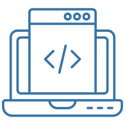 Blue line-art laptop with an open browser window showing code brackets