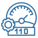 Speedometer gauge showing 110 with a small gear icon indicating performance/settings.