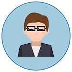 Stylised avatar of a person with short brown hair and rectangular glasses wearing a dark blazer and white shirt on a light blue circular background.