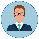 Male avatar with brown hair and glasses wearing a dark suit and teal tie inside a circular blue background.