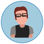 Cartoon avatar of a person with brown curly hair, black square glasses and a black shirt with grey sleeves in a blue circle.