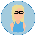 Cartoon avatar of a person with blond hair, black rectangular glasses and a sleeveless blue top in a circular blue frame.