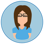 Cartoon female avatar with brown shoulder-length hair, rectangular glasses and a blue shirt set against a circular blue background.