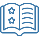 Open book icon showing two stars on the left page and horizontal text lines on the right.