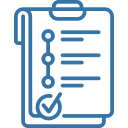 Clipboard-style checklist icon showing vertical bullet points with lines, a pen clipped to the top and a circled checkmark.