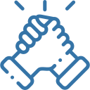 Two clasped hands in a firm handshake with three short lines above suggesting celebration or unity.