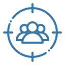 Three-person group silhouette centred inside a blue circular target or crosshair icon