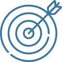 Blue line-art target with concentric rings and an arrow piercing the bullseye.