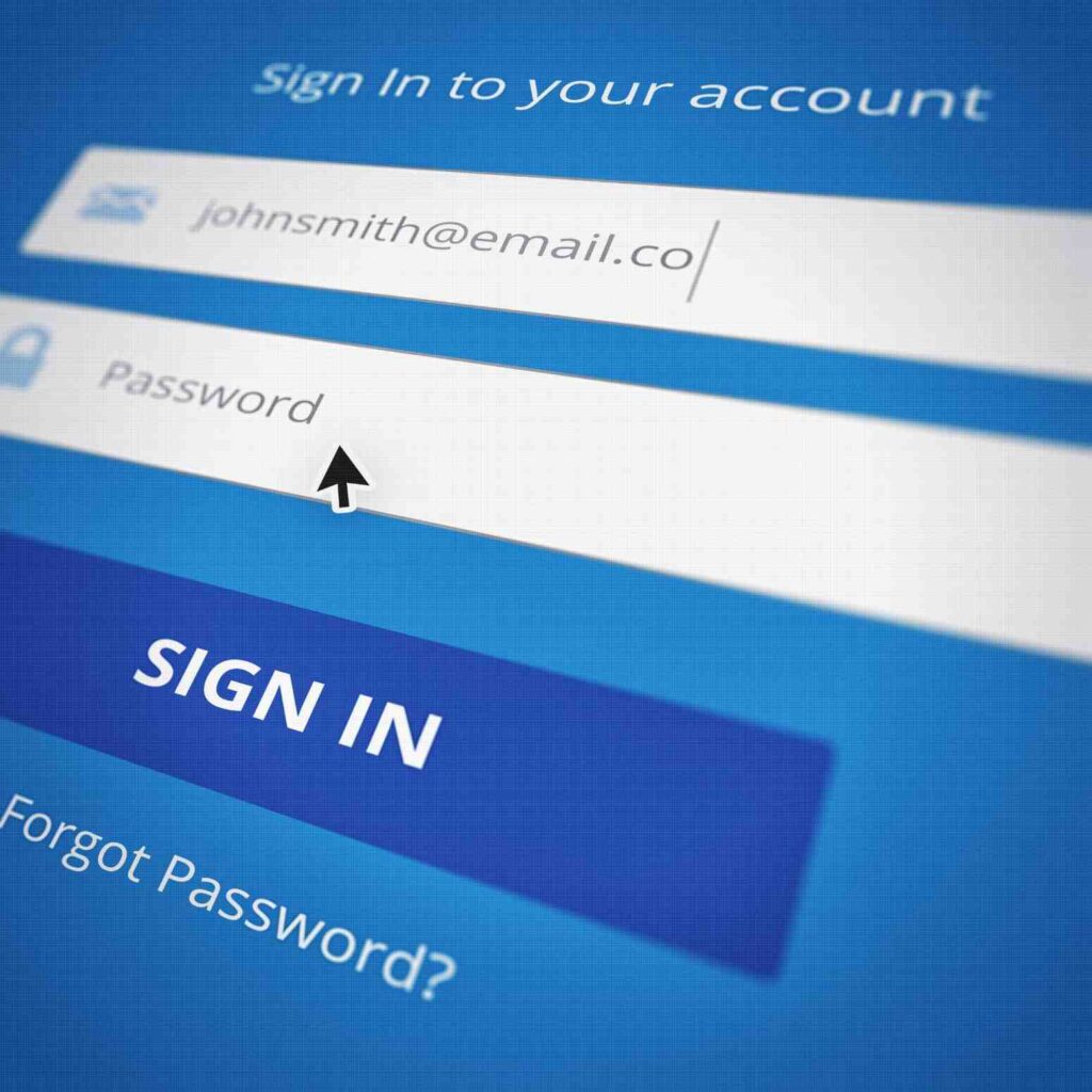 Login form showing email johnsmith@email.co, cursor over the Password field, and a large blue SIGN IN button.