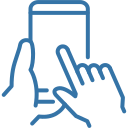 Hand holding a smartphone while another hand taps the screen, blue outline icon