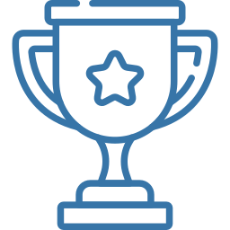 Blue outline trophy icon with a central star emblem, two handles and a pedestal base.