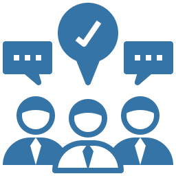 Three blue stylised figures in ties with speech bubbles and a central pin topped by a checkmark indicating group approval.