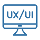 Desktop monitor icon in blue line art with the text "UX/UI" centred on the screen.