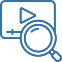Blue outline icon of a video player with a play triangle, progress slider and an overlapping magnifying glass.
