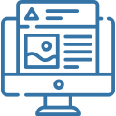 Desktop monitor showing a webpage layout with a warning triangle, image thumbnail and blocks of text.